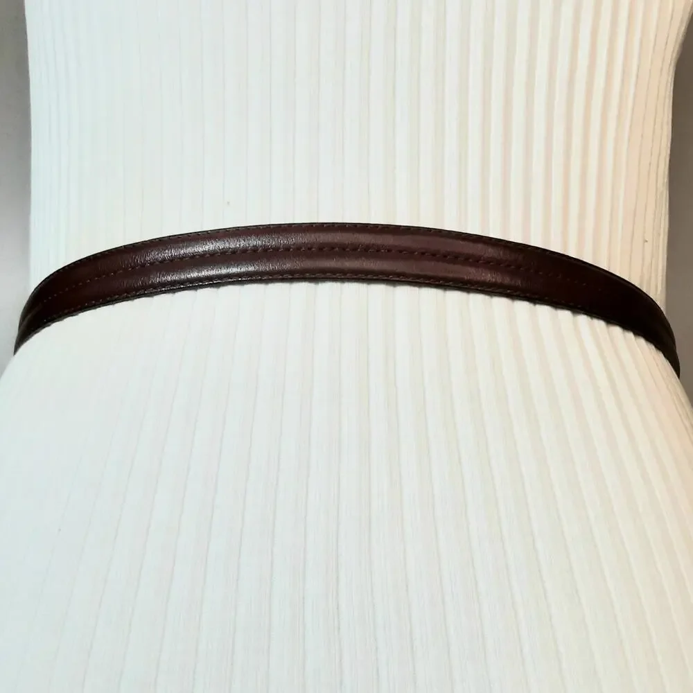 💎Unisex Dark Brown Leather Belt M  Polished Silver Tone Buckle Stitched Detail
